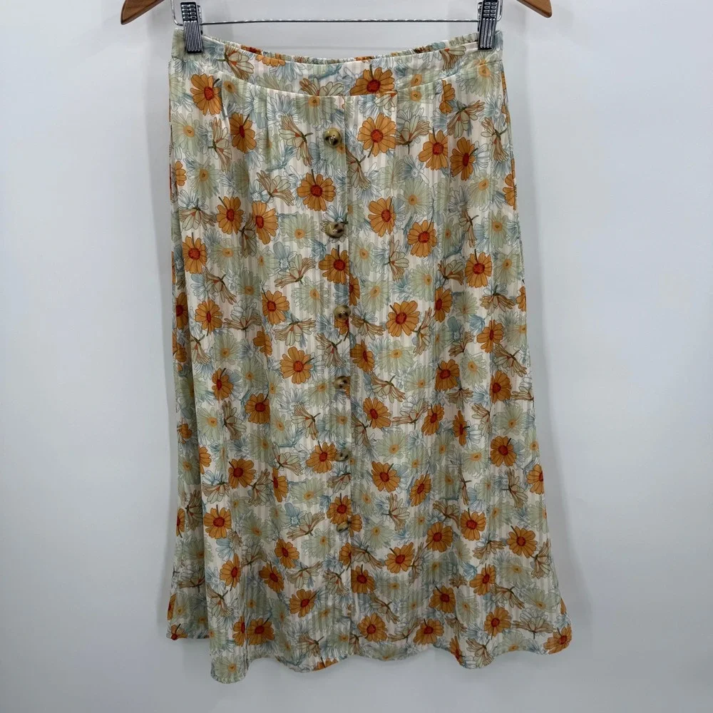 Hayden Los Angeles Floral Button Down‎ Midi Skirt Marigold Sage Women's Size M